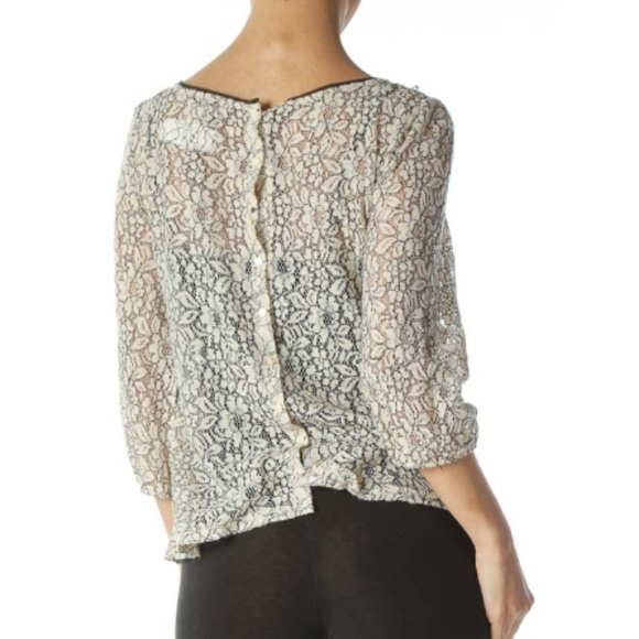 Ann Taylor LOFT Beige Black Lace See-Through Blouse Top Size Women Small Petite - Picture 2 of 13